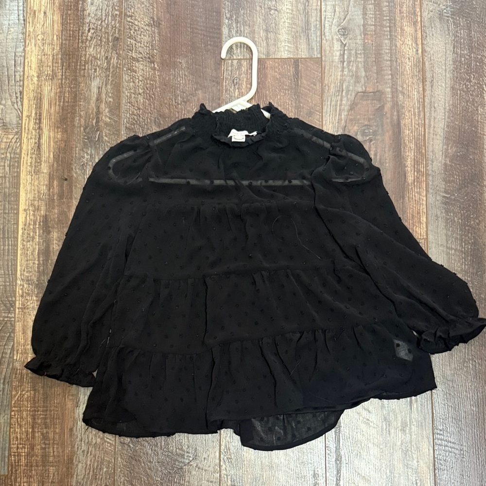Monteau Black Swiss Dot Ruffle Blouse